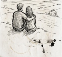 Un couple enlacé face à l'horizon, dessin à l'encre