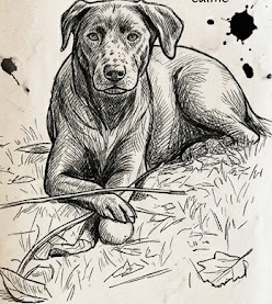 Un chien couché dans l'herbe, dessin à l'encre